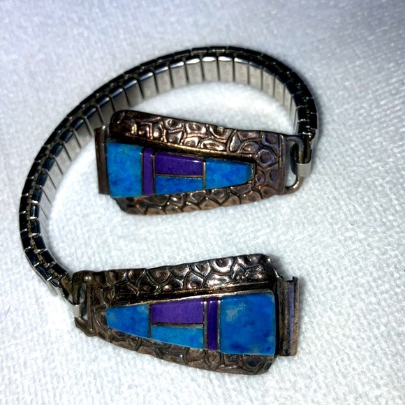 Vintage Jewelry - Zuni Inlay Sterling Lapis Watch Tips